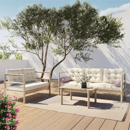 Salon de jardin SAMOA 5 places bois d'acacia FSC blanchi coussins beige