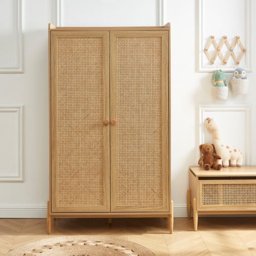 Armoire PABLO effet bois et cannage rotin 2 portes