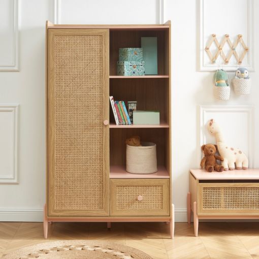 Armoire PABLO rose et cannage rotin 1 porte et 1 tiroir