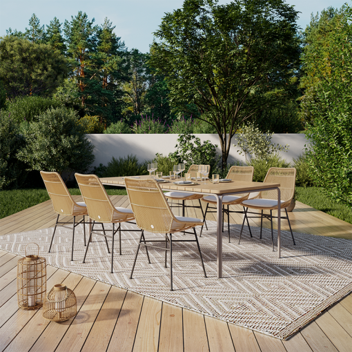 Ensemble table ASTI en bois d'acacia FSC 200 cm et 6 chaises de jardin avec coussins