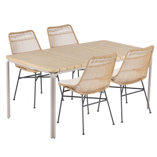 Ensemble table ASTI en bois d'acacia FSC 160 cm et 4 chaises de jardin avec coussins