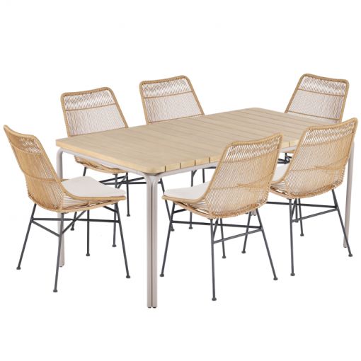 Ensemble table ASTI en bois d'acacia FSC 160 cm et 6 chaises de jardin avec coussins
