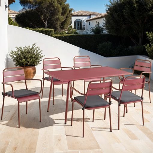 Ensemble PANTONE table 140 cm et 6 chaises de jardin rouge indien