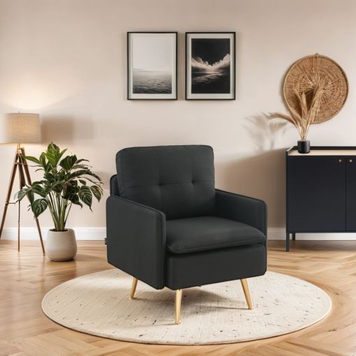 Fauteuil ADAM en tissu noiravec pieds en métal doré