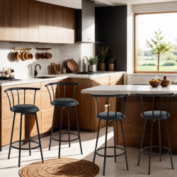 Lot 4 tabourets de bar BISTROT de couleur noir avec assise en PU noir