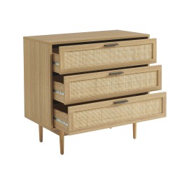 Commode BAÏTA Amana 6 Tiroirs - Effet Chêne Et Cannage Rotin - Style Vintage - L120 X P39,5 X H75cm