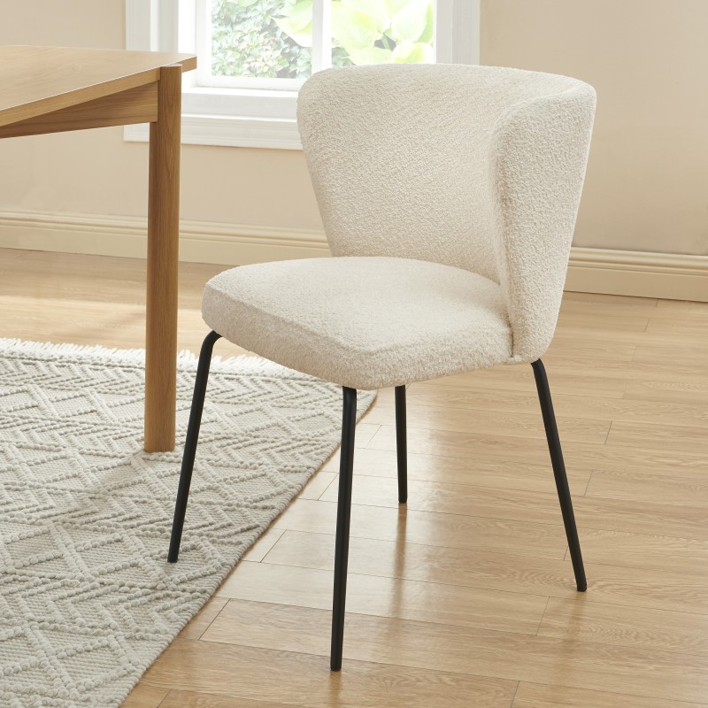 BAÏTA - Lot De 2 Chaises Macaron En Tissu Bouclette écru - Pieds En Hêtre Massif - Style Scandinave