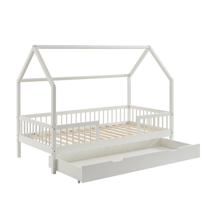 Lit cabane avec barrières TINY pin massif blanc 90x190cm sommier inclus + tiroir Lit cabane avec barrières TINY pin massif blanc 90x190cm sommier inclus + tiroir