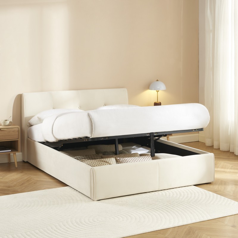Lit Coffre SEGURO Velours Beige Crème 90x190 - Sommier à Lattes Inclus, Tête De Lit Capitonnée, Rangement Intégré