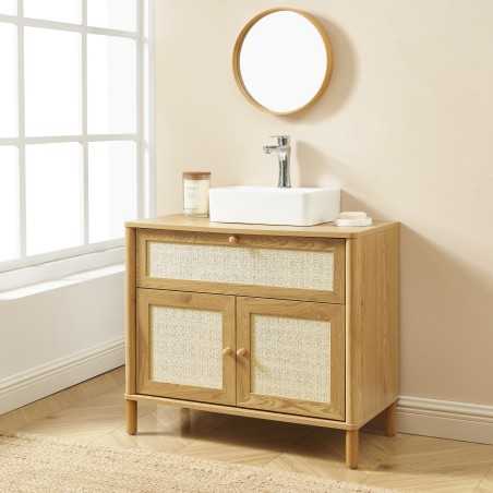 Meuble de salle de bain HAIDA effet chêne et cannage rotin 39,5cm