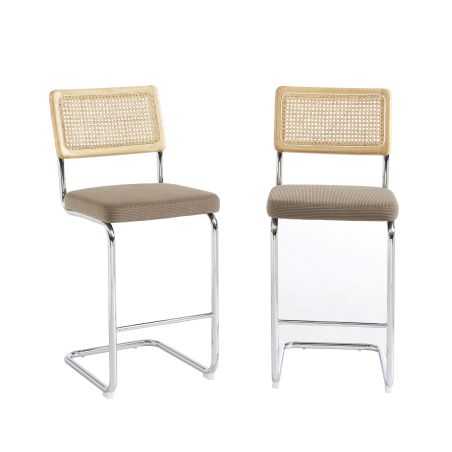 Lot de 2 Tabourets ELLA cannage velours côtelé grège