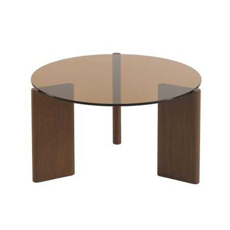 Table basse OLIE verre trempé caramel et placage noyer 75cm