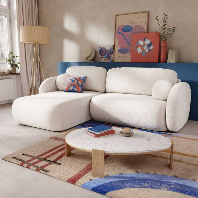 Canapé d'angle gauche convertible CARLOTTA 4 places tissu chenille écru