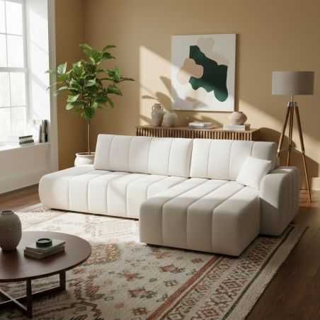 Canapé d'angle droit convertible BELEM 4/5 places tissu bouclette écru