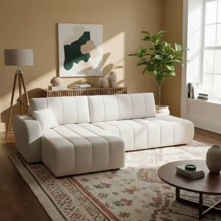 Canapé d'angle gauche convertible BELEM 4/5 places tissu bouclette écru