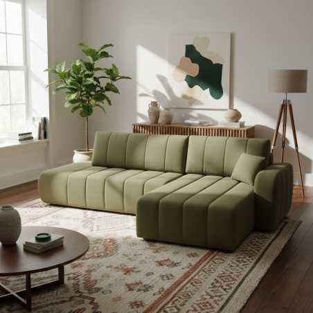 Canapé d'angle droit convertible BELEM 4/5 places tissu chenille vert