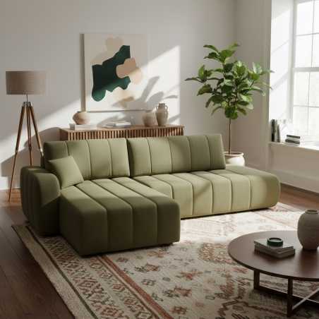 Canapé d'angle gauche convertible BELEM 4/5 places tissu chenille vert kaki