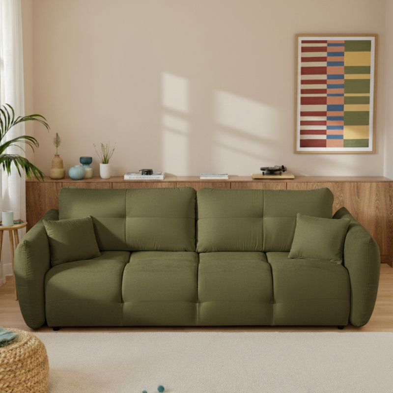 Canapé droit convertible COMO 3 places tissu chenille vert kaki