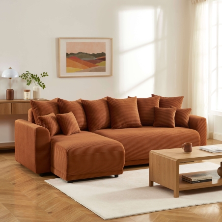 Canapé angle SOLINE convertible velours côtelé terracotta 4 places