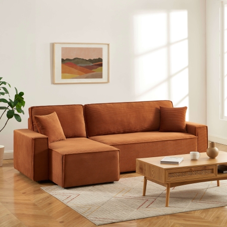 Canapé d'angle ZOLA convertible et réversible velours côtelé terracotta 4 places