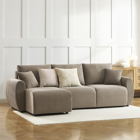Canapé d'angle DANILO convertible velours côtelé taupe 4 places