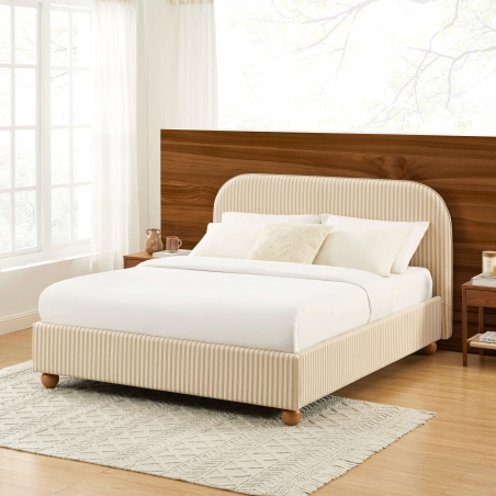 Lit coffre PILKA 140x190 tissu rayé beige et écru sommier inclus