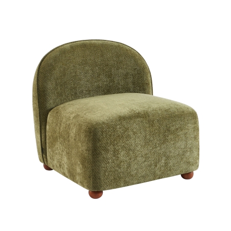 Fauteuil JUDY tissu chenille vert pieds boules teintés noyer