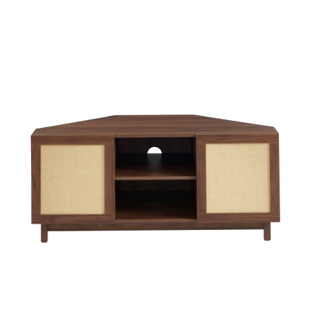 Meuble TV d'angle HARIA effet noyer et rotin 120cm