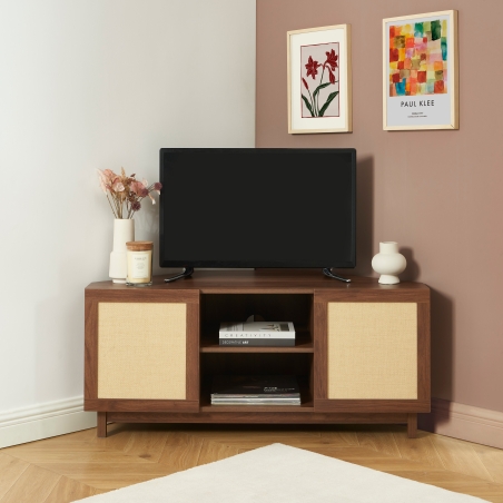 Meuble TV d'angle HARIA effet noyer et rotin 120cm