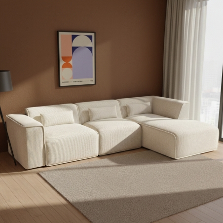 Canapé d'angle droit fixe NUNA 5/6 places velours côtelé beige