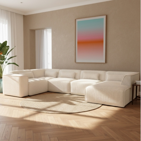 Canapé panoramique fixe NUNA 7 places chaise droite velours côtelé beige