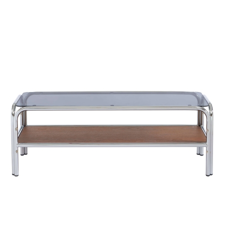 Meuble TV MAGGY verre trempé placage noyer structure en chrome 120cm