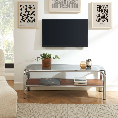 Meuble TV MAGGY verre trempé placage noyer structure en chrome 120cm