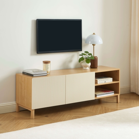 Meuble TV ORCA effet chêne et portes beiges 140 cm