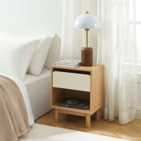 Table de chevet THALIA effet chêne et tiroir beige 