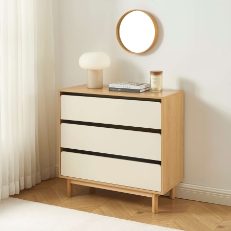 Commode THALIA 3 tiroirs beige et effet chêne 90cm