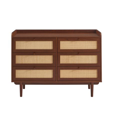 Commode LEON noyer et cannage 6 tiroirs 120cm