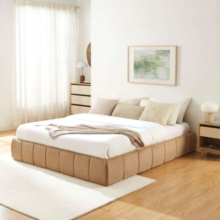 Lit coffre LAVINIA tissu chenille caramel 160x200 sommier inclus