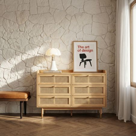 Commode LEON 6 tiroirs placage chêne et cannage rotin 120cm
