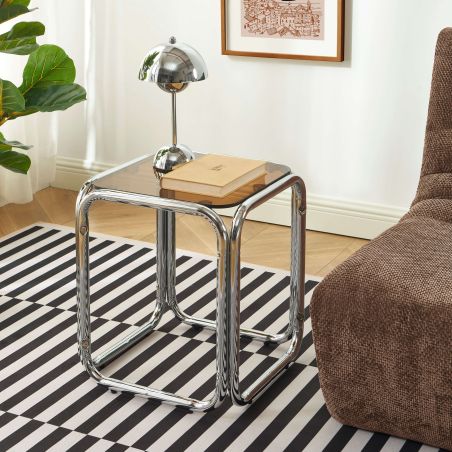 Table d'appoint MAGGY verre trempé orange structure en chrome