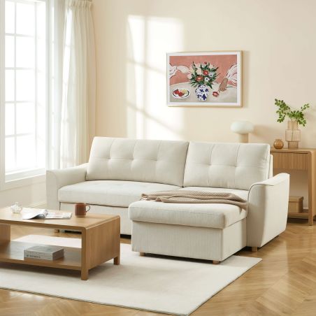 Canapé d'angle convertible et réversible TAMARA 4 places tissu texturé beige