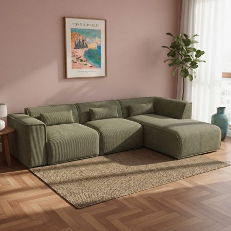 Canapé d'angle droit fixe NUNA 5/6 places velours côtelé vert