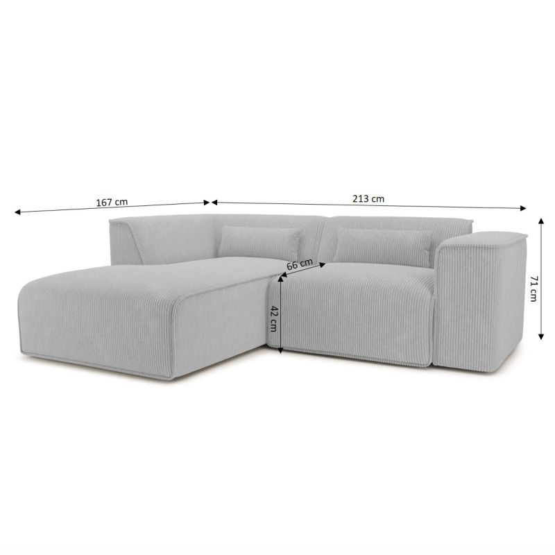 Canapé d'angle gauche fixe NUNA 4 places velours côtelé gris