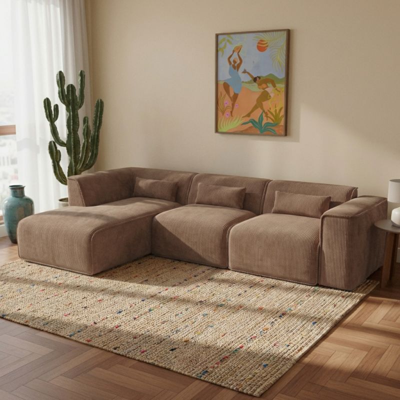 Canapé d'angle gauche fixe NUNA 5/6 places velours côtelé marron