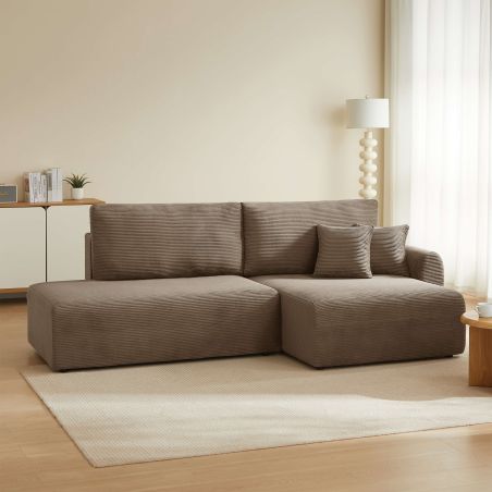 Canapé d'angle droit ouvert convertible DANILO 4 places velours côtelé taupe