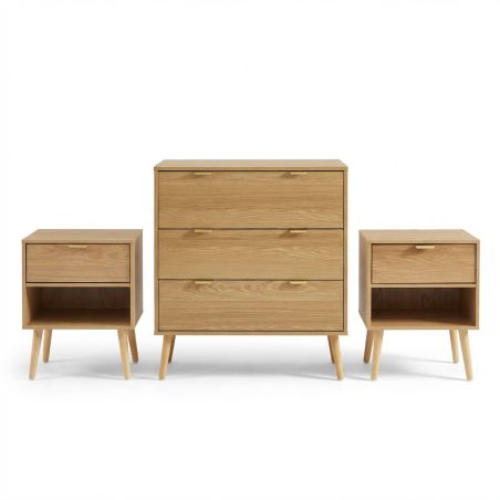 Ensemble commode et 2 tables de chevet JEANNE effet chêne