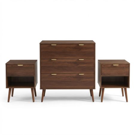 Ensemble commode et 2 tables de chevet JEANNE effet noyer