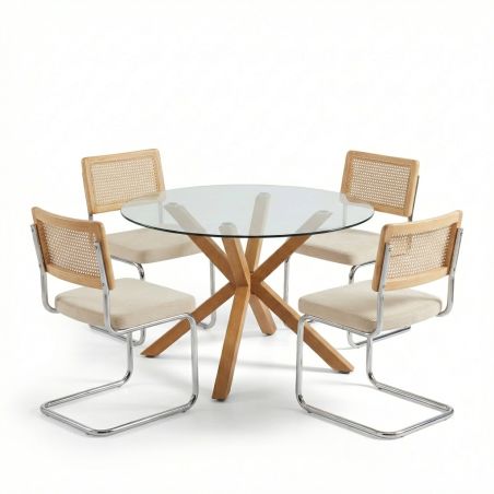 Ensemble repas table à manger ronde en verre HARRY 120cm et lot de 4 chaises ELLA velours côtelé beige et cannage