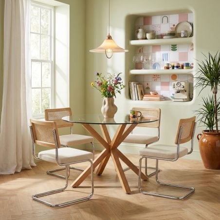 Ensemble repas table à manger ronde en verre HARRY 120cm et lot de 4 chaises ELLA velours côtelé beige et cannage