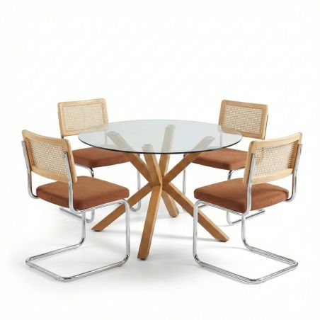 Ensemble repas table à manger ronde en verre HARRY 120 cm et lot de 4 chaises ELLA velours côtelé terracotta et cannage